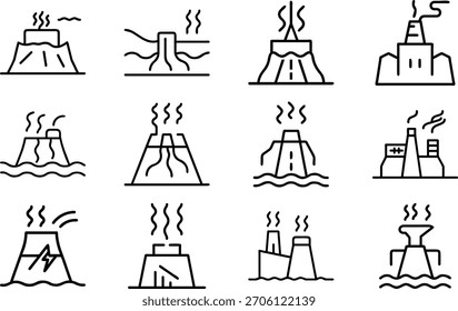 Ilustração vetorial com ícones de energia vulcânica e geotérmica definir arte de linha...