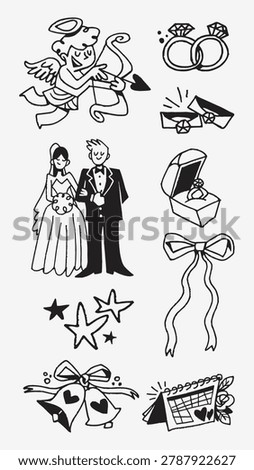 Vector illustration featuring wedding-themed doodles: cupid, rings, bride and groom, gift box, ribbons, stars, bells, and a calendar with hearts.