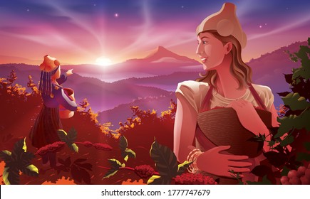 Vector illustration featuring the western digital nomad lady helping a tribe girl harvesting the coffee beans on a high altitude mountain in the morning.