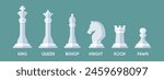 A vector illustration featuring white chess pieces with shadow effects and labeled names underneath