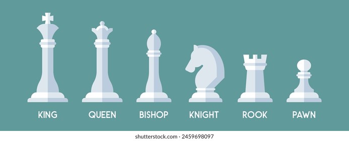 A vector illustration featuring white chess pieces with shadow effects and labeled names underneath