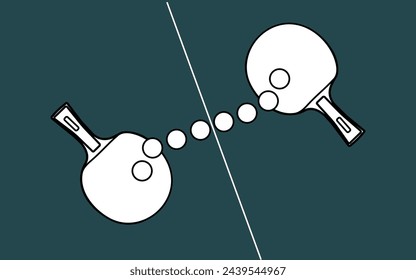Vector illustration featuring white silhouettes and contours of table tennis rackets with ping-pong balls against a green tennis table backgr