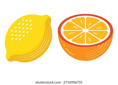 Vektorgrafik mit einer ganzen Zitrone und einer Scheibe Orange, die frische, gesunde Zitrusfrüchte zeigt. Ideal für Lebensmittel- und Getränkedesigns.