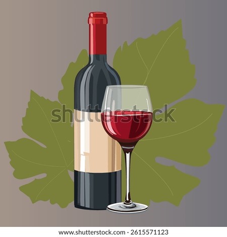 A vector illustration featuring a wine bottle, a glass of red wine, and grapevine leaves. The elegant composition evokes a rustic, refined atmosphere with a touch of vineyard charm and natural beauty.