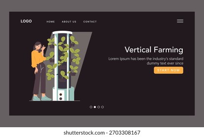 Ilustración vectorial que presenta a una mujer observando una instalación de cultivo de Vertical con plantas en macetas en una interfaz de Sitio web oscuro. La Imagen fomenta las técnicas de agricultura sostenible.
