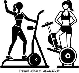 Ilustração vetorial com silhuetas de mulheres usando máquinas de fitness. A arte destaca várias poses de exercício, mostrando força, flexibilidade e dedicação à aptidão.