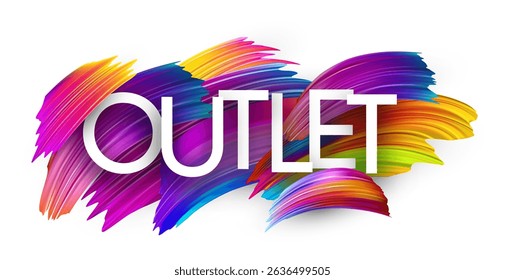 Vector illustration featuring the word Outlet with bold white text over abstract multicolor paint strokes.
