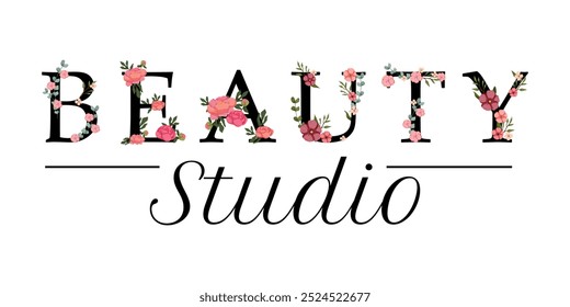 A vector illustration featuring the words beauty studio in elegant floral style. The bold uppercase letters are decorated with pink flowers, for beauty salons, feminine branding, spa-related designs.