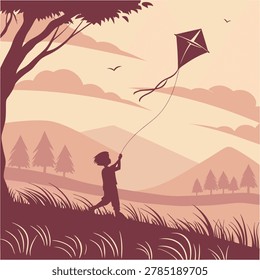 Vector illustration featuring a young boy flying a diamond shaped kite in a peaceful countryside setting during sunset time.