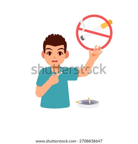 Vector illustration featuring a young man experiencing a moment of panic and shock after realizing he is smoking in a strictly prohibited area.