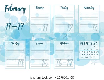 Vector illustration of February 2019 Weekly planner with abstract winter background. For print notebooks, format A5. Cute page for notes. Daily planner 2019 calendar for companies and private use.