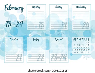 Vector illustration of February 2019 Weekly planner with abstract winter background. For print notebooks, format A5. Cute page for notes. Daily planner 2019 calendar for companies and private use.