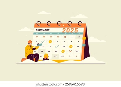 Vector illustration of February 2025 calendar against the backdrop of a winter atmosphere and a man resting near a campfire during a hike. Desk yearly calendar with a dividing grid and space for notes