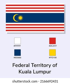 Vector Illustration of Federal Territory of Kuala Lumpur flag isolated on light blue background. Federal Territory of Kuala Lumpur flag with Color Codes. As close as possible to the original.
