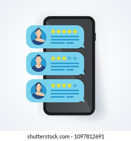 Vector illustration feedback review rating stars bubble speeches on mobile phone, smartphone with good and bad rate 
