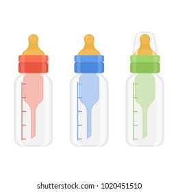 Vector illustration of feeding bottles, isolated on white background. Baby care equipment