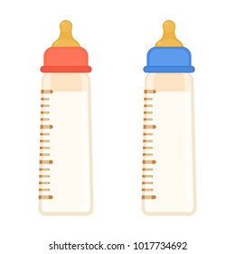 Vector illustration of feeding bottles with milk, red and blue color, isolated on white background. Baby care equipment