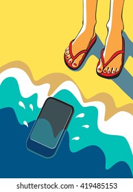 Vector illustration. Feet on a sandy beach near the sea. I dropped the phone into the sea