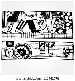 Vector illustration with feet of people in metro. Black and white.