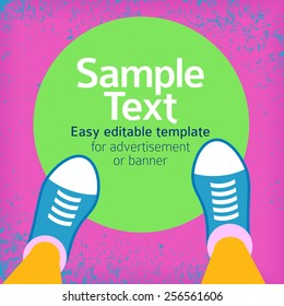 Vector illustration of feet in sneakers with round space for text, easy editable template for advertisement or banner.