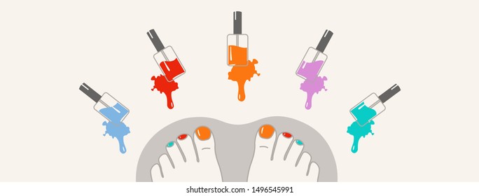 Vector illustration of the feet, top view, painted with nail polish. A palette of colors for the manicure and pedicure, salon, logo, banner, cover for the site.