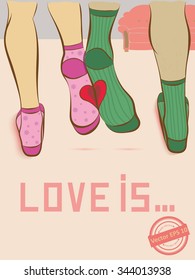 Vector illustration with feet of two lovers in socks with heart. card for Valentine's Day