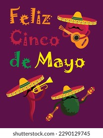 Vector illustration. Feliz Cinco de Mayo (Happy Fifth of May) greeting card or poster with lettering, musicians and sombrero hats