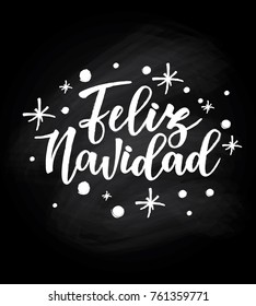 Vector illustration of 'Feliz Navidad' lettering. Sketched for postcard or celebration design. Black chalkboard.