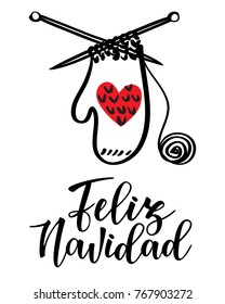 Vector illustration of 'Feliz Navidad' lettering with knitted mitten. Sketched for postcard or celebration design. 