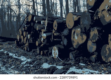 Vector illustration of felled logs. Felled trees, wooden, wood, material. Illustration in low range color palette. Nature, environment, material, forest management, park.