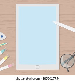 Vector illustration of felt pens, ipad, eyeglasses etc. Art workplace in flat cartoon style, top view. For design of page site, web and advertising banner, article, card or flyer, promotional, mailing