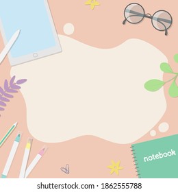 Vector illustration of felt pens, ipad, eyeglasses etc. Art workplace in flat cartoon style, top view. For design of page site, web and advertising banner, article, card or flyer, promotional, mailing