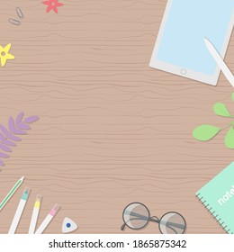 Vector illustration of felt pens, ipad, eyeglasses etc. Art workplace in flat cartoon style, top view. For design of page site, web and advertising banner, article, card or flyer, promotional, mailing