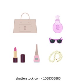 Vector illustration. Female accessories on white isolated background. Set for festive design.The symbol of fashion.