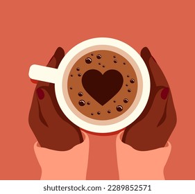 Vector illustration of female African American hands holding a cup of coffee with foam. Top view of a table in a cafe. Warm season in autumn. Hot coffee with soul.