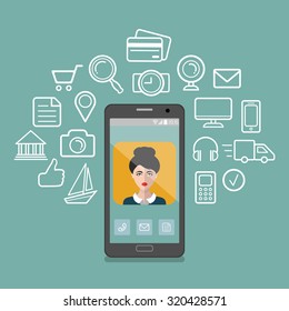 Vector illustration of female app icon on smartphone display in flat style with social media images around.