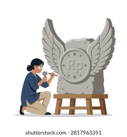 Vector illustration of a female artisan using a hammer and chisel to carve a large winged stone monument with a currency symbol