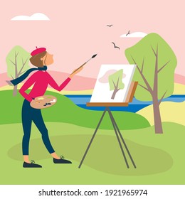 Vector illustration - a female artist holds a brush and palette in her hands, and draws a beautiful landscape with trees and birds in the open air on a romantic spring day. Concept-hobby and art