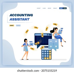 Vector illustration of a female assistant setting up accounting spreadsheets and money circulation in company. Design can be used for website, poster, flyer, apps, advertising, promotion, marketing
