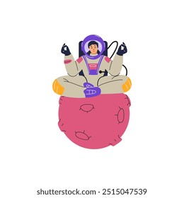 Vector illustration of a female astronaut in a protective suit and spacesuit, meditating in the lotus position on a red asteroid. Cartoon style, on an isolated background.