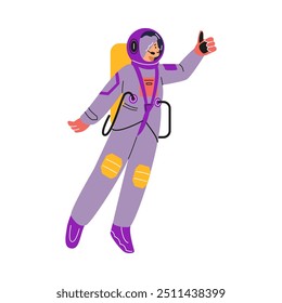 Una Ilustración vectorial con una mujer astronauta en un traje espacial muestra un signo de gesto de bienestar en gravedad cero. Esta Ilustración vectorial encarna el amor por la astronomía