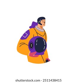 Vector illustration of a female astronaut in a spacesuit with a helmet in her hands. This vector illustration embodies the readiness for space exploration