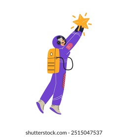 Ilustración vectorial de una mujer astronauta en un traje espacial sosteniendo una estrella. El icono con un carácter completo enfatiza la pasión por explorar objetos espaciales