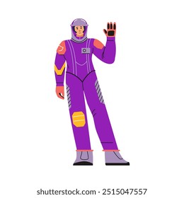 Vector illustration with a female astronaut in a spacesuit waving her hand on a white background. A full-length character icon, ideal for space-themed design