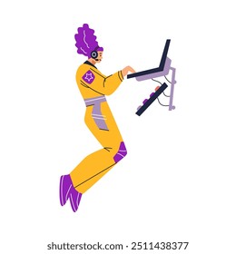 Ilustração vetorial de uma astronauta mulher trabalhando com um laptop em gravidade zero. Ela explora o universo e as estrelas com a ajuda da tecnologia moderna.