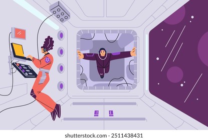 Vector illustration of female astronauts inside a spaceship. The scene shows a team of people working on a space station, with a control panel and a window