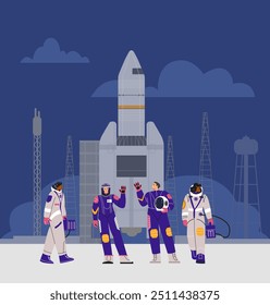 Vector illustration with female astronauts on the launch pad, next to the rocket. This vector illustration embodies the preparation before the flight into space