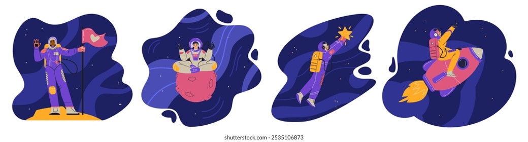 Vector illustration of female astronauts in a spacesuit: flying on a rocket, sitting on a planet, holding a star, putting up a flag. Space exploration and travel