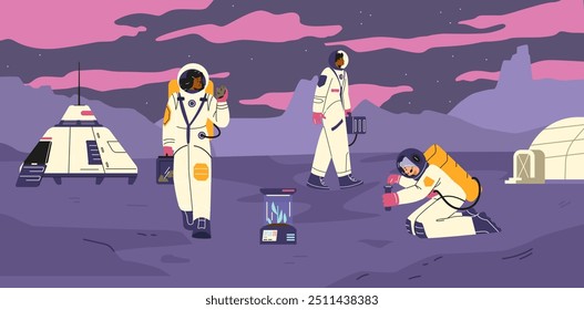 Vector illustration of female astronauts in spacesuits following a purple planet with pink clouds. They study the earth, rocks and use modern technologies