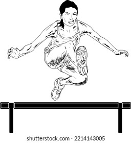 Vector Illustration Of A Female Athlete Competing In A Hurdle Race. A Female Athlete Leaps Over An Obstacle While Drawing A Silhouette. Steeplechase With A Woman's Cartoon Doodle Drawing